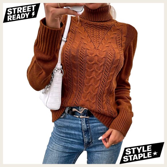 Slim Fit Cable Knit Turtleneck Sweater Pullover Long Sleeve Winter Top